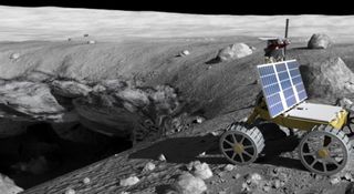 An artist's depiction of a mission at work exploring pits in the surface of the moon.