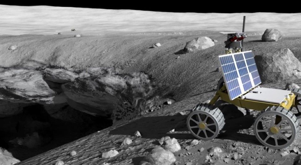 An artist&#039;s depiction of a mission at work exploring pits in the surface of the moon.