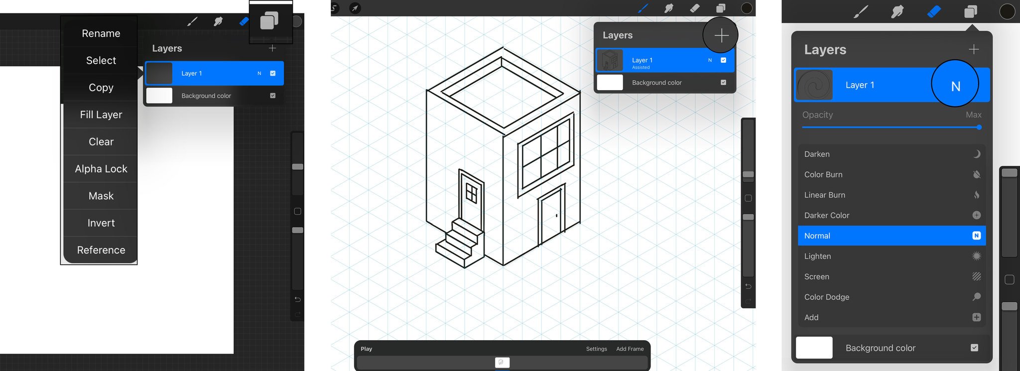 To change the Layers settings, tap on the Layers icon button, tap the rectangular Layer Thumbnail to display additional options such as Rename, Select, Copy, Fill Layer, Clear, Alpha Lock, Mask, Invert, and Reference, or tap on the N icon to display Blend Mode options and the Opacity slider.