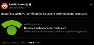 Screenshot of RedditStatus account on X.