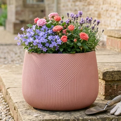Small Terracotta Symmetry Stripe Fibre Clay Indoor Outdoor Garden Planter Houseplant Flower Plant Pot H20 X Dia 29cm
