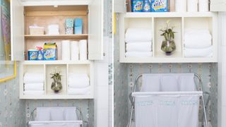 White laundry room with products in shelves above a laundry bin with compartments to show a useful laundry room organization ideas