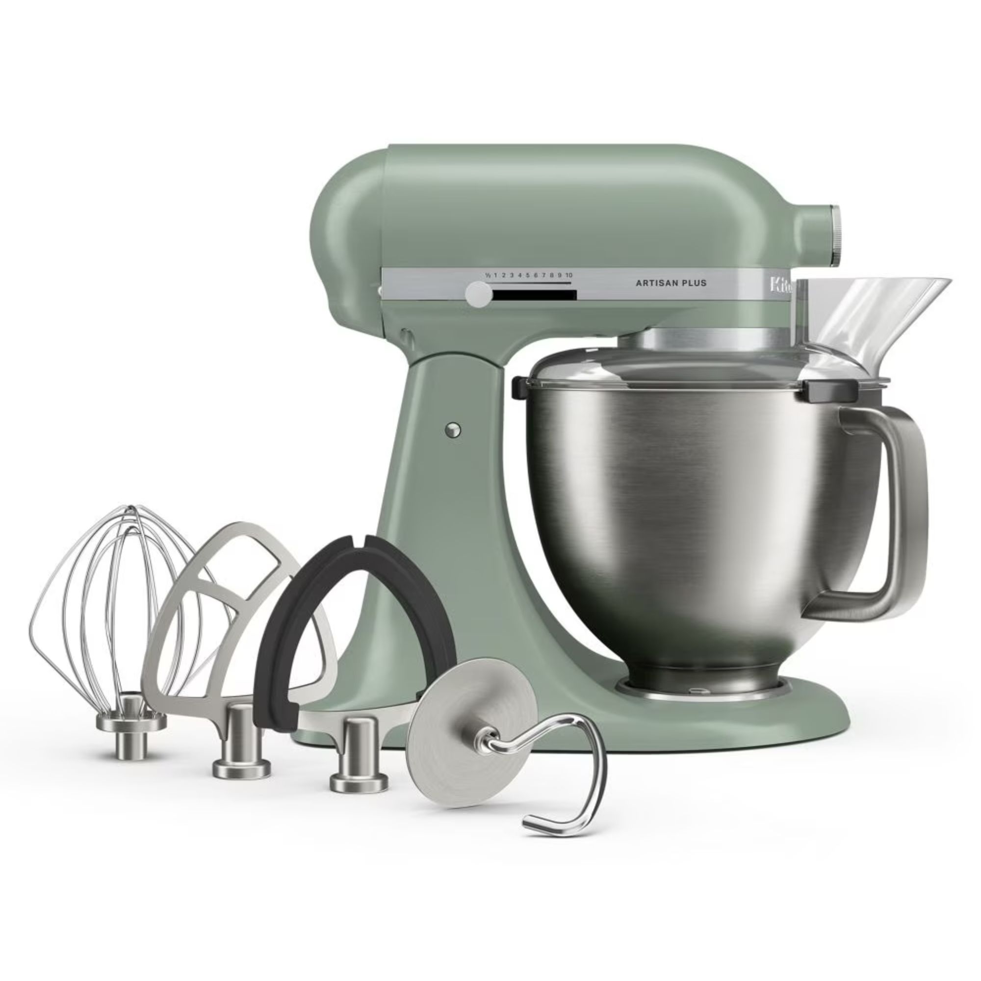 A sage green stand mixer with a stainless steel bowl, two paddle attachments, a whisk attachment, and a dough hook beside it.