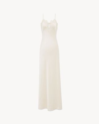 Women's Long Slip Dress in Silk Satin and Lace in Craie