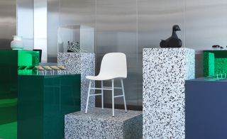 The minimalist modern collections are often grouped by colour, or propped up on terrazzo plinths