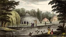 Surrey Zoological Gardens, Walworth, London. Engraving after the drawing by Thomas Hosmer Shepherd. The conservatory was 300 ft in circumference, containing over 6,000 sq ft of glass, and at the time it was the largest glass building in England.