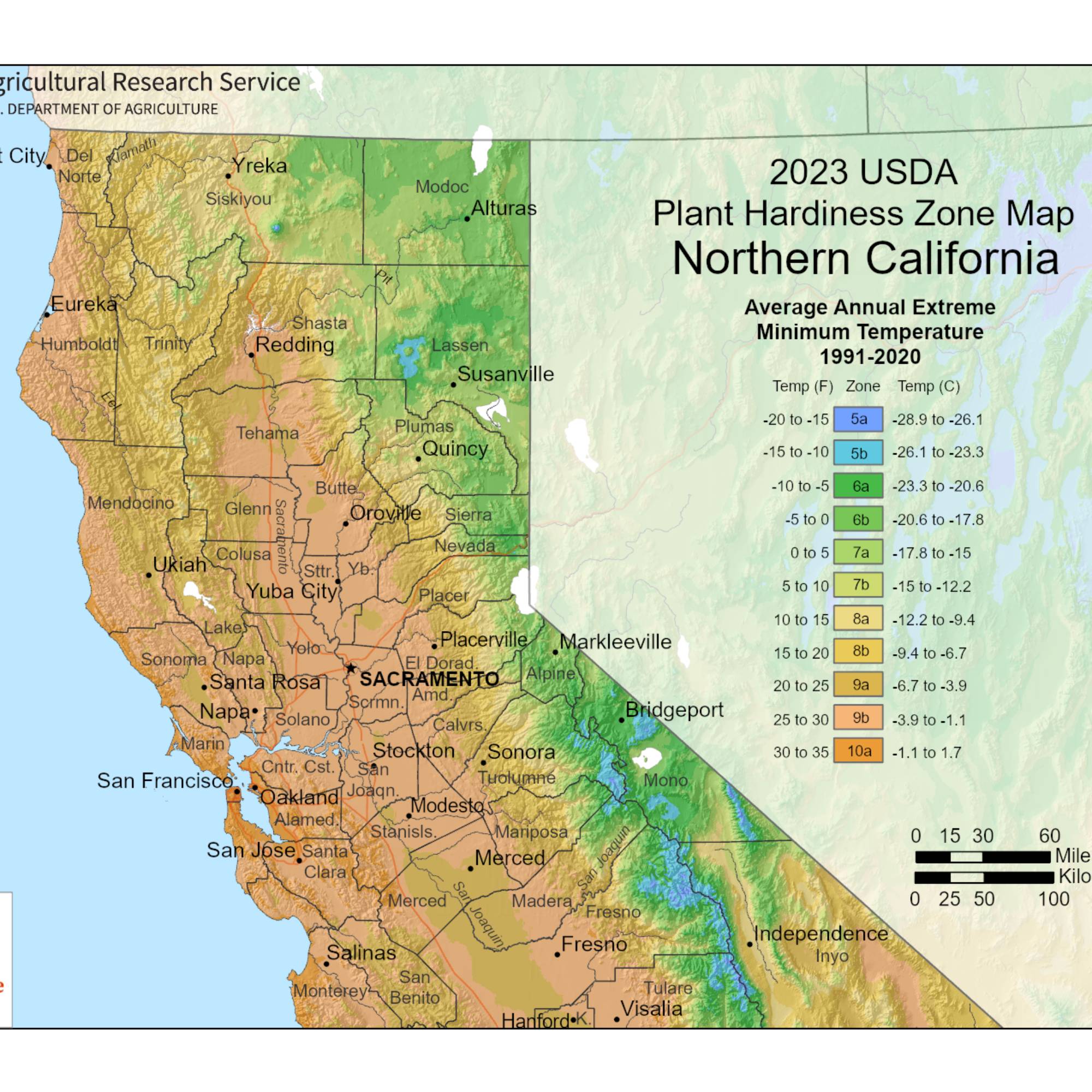 USDA hardiness zone map of Northern California
