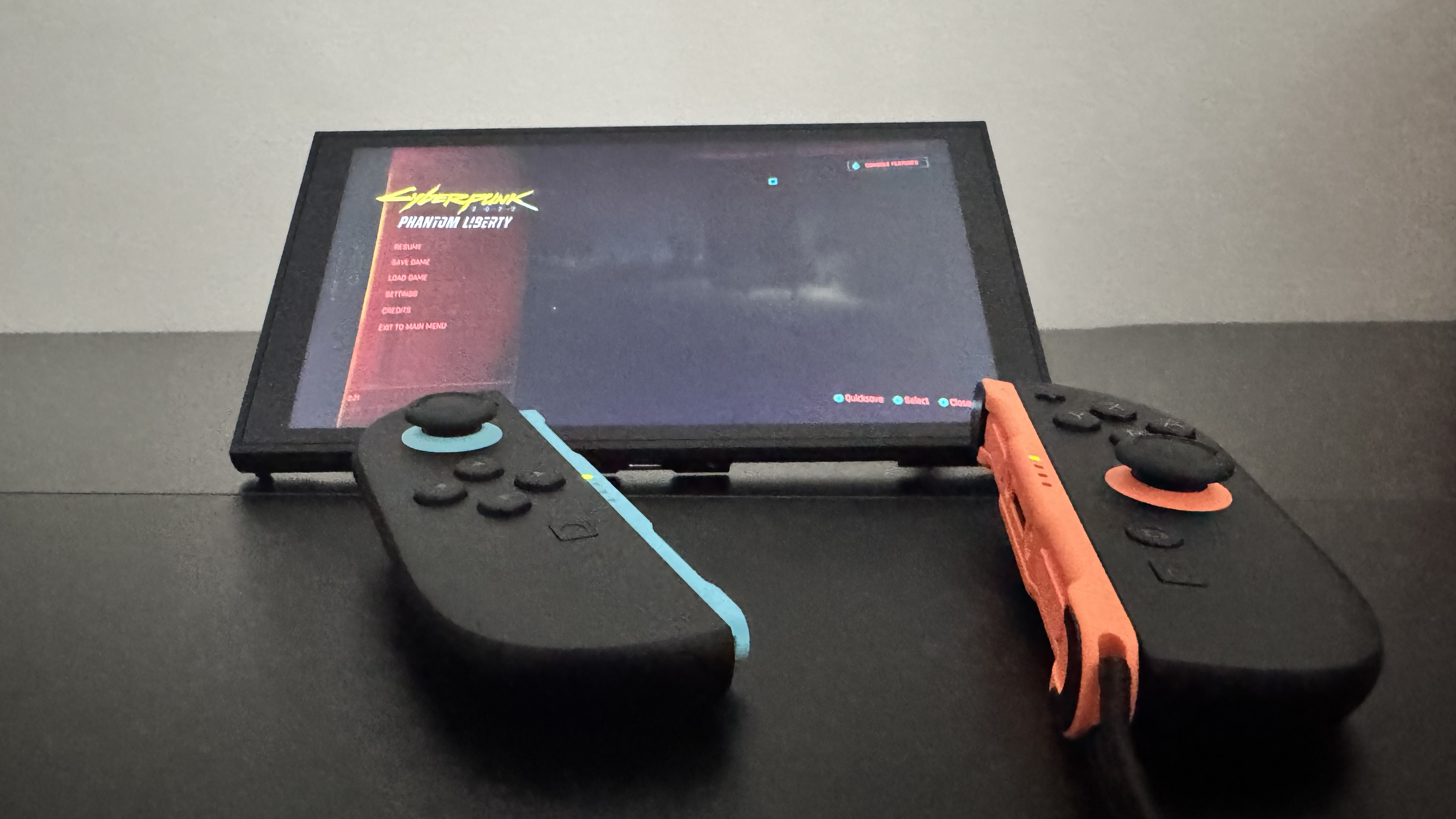 Cyberpunk 2077 running on a Nintendo Switch 2 with the controllers in the foreground