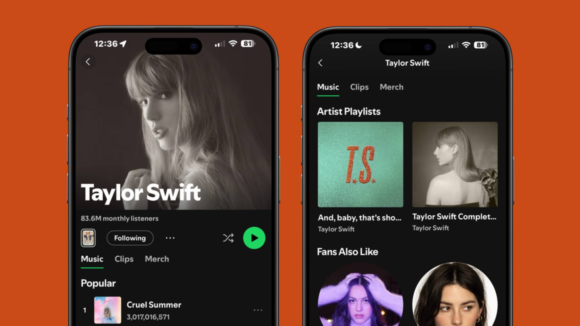 An image of Taylor Swift's Spotify artist page and artist playlists