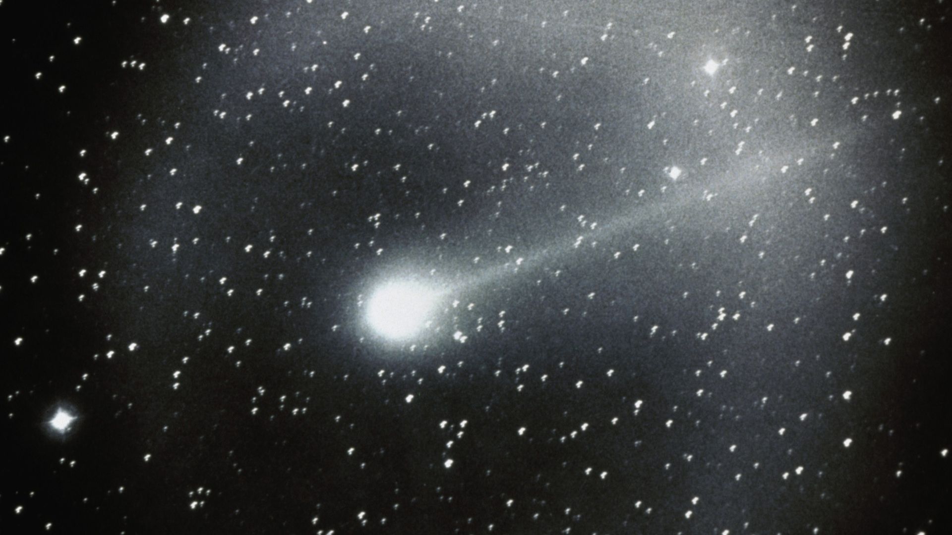 halleys comet shines bright against a background of stars.