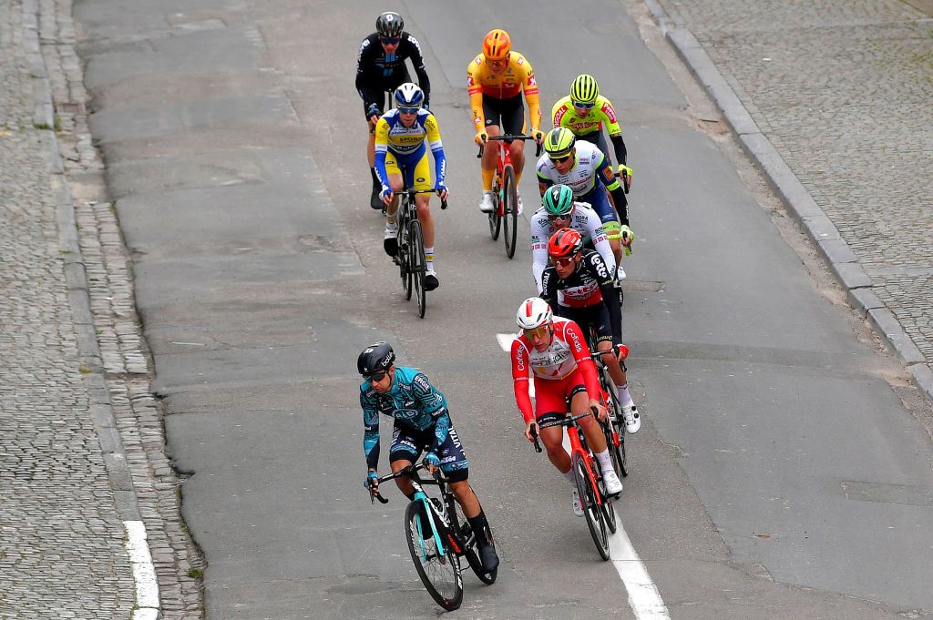 OVERIJSE BELGIUM APRIL 14 Kevin Van Melsen of Belgium and Team Intermarch Wanty Gobert Matriaux Andreas Leknessund of Norway and Team DSM Brent Van Moer of Belgium and Team Lotto Soudal Bryan Coquard of France and Team BB Hotels PB KTM Anders Skaarseth of Norway and UNO X Pro Cycling Team Ludovic Robeet of Belgium and Team Bingoal WB Julian Mertens of Belgium and Team Sport Vlaanderen Baloise Emmanuel Morin of France and Team Cofidis Jordi Meeus of Belgium and Team Bora Hansgrohe during the 61st De Brabantse Pijl La Flche Brabanonne 2021 Mens Elite a 2017km race from Leuven to Overijse 106m Breakaway BP21 FlandersClassic on April 14 2021 in Overijse Belgium Photo by Luc ClaessenGetty Images