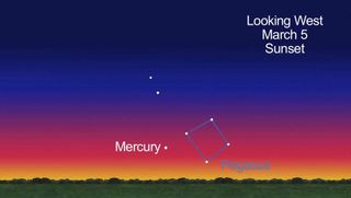 This still from a NASA video shows the location of planet Mercury in the night sky just after sunset on March 5, 2012.
