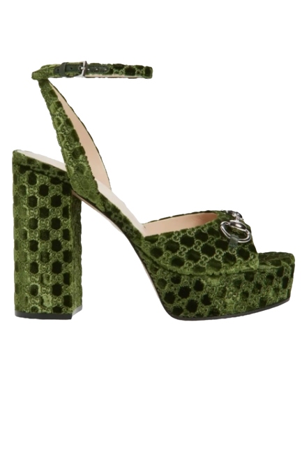 Gucci, Lady Horsebit Gg Logo Velvet Platform Sandal