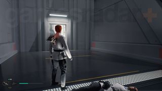 Star Wars Jedi Survivor Nova Garon Cal in his ISB uniform disguise standing in front of the exit corridor near Commander Denvik's body