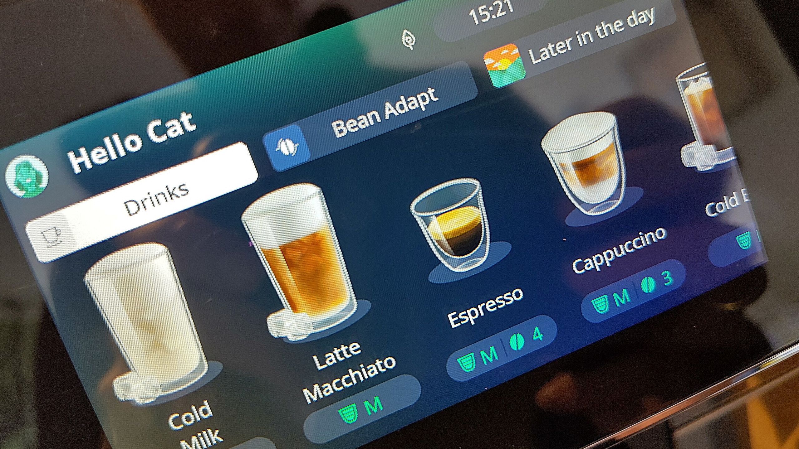 Drinks menu on Primadonna Aromatic coffee maker