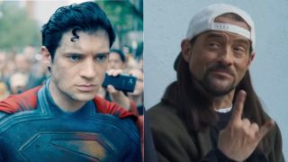 David Corenswet as Superman and Kevin Smith in a side-by-side photo.