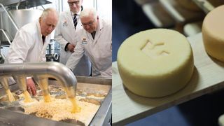 King Charles making cheese next to cheese produced for his visit