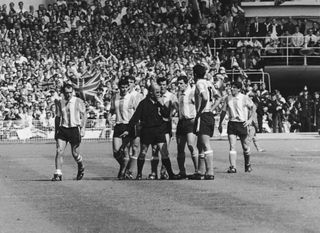 German referee Rudolf Kreitlein sends off Argentina captain Antonio Rattin against England at the 1966 World Cup.