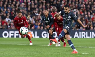 Riyad Mahrez missed a late penalty at Anfield (PA)