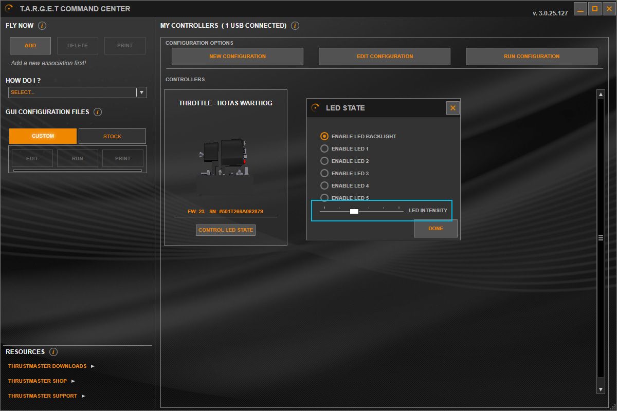 Thrustmaster T.A.R.G.E.T. Command Center app controlling HOTAS Warthog Mk II throttle unit LED brightness