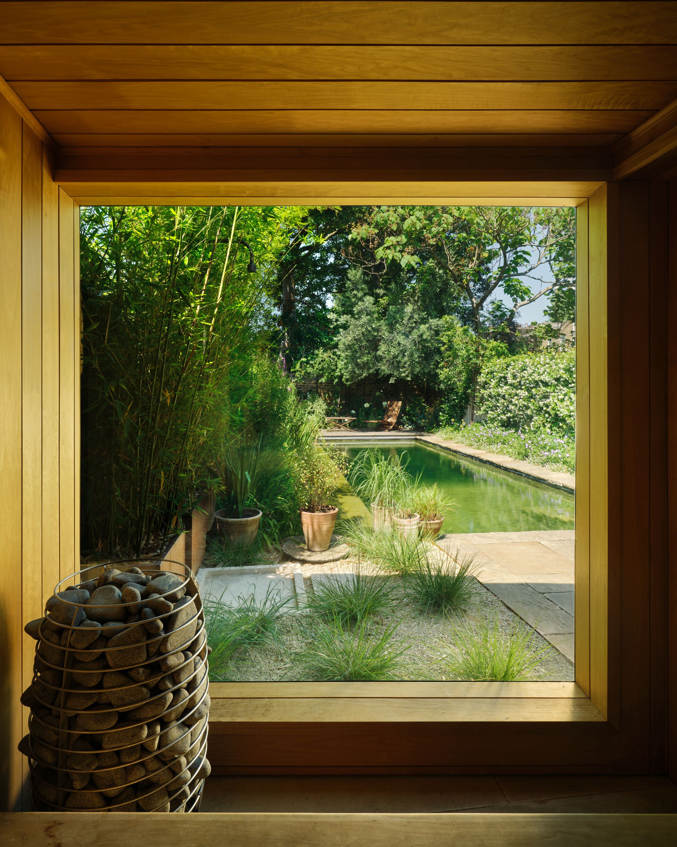 a view from inside a wooden sauna looking out to a natural pool in a greenery filled garden