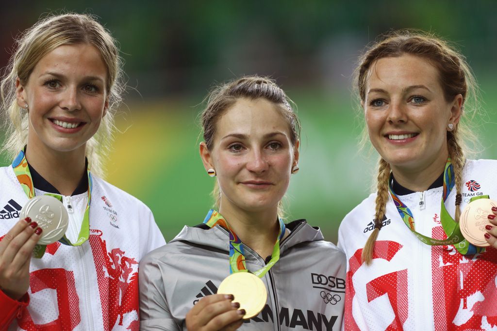 The women's sprint podium of Rebecca James, Kristina Vogel and Katy Marchant