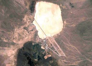 An aerial view of Area 51 and Groom Lake in Nevada.