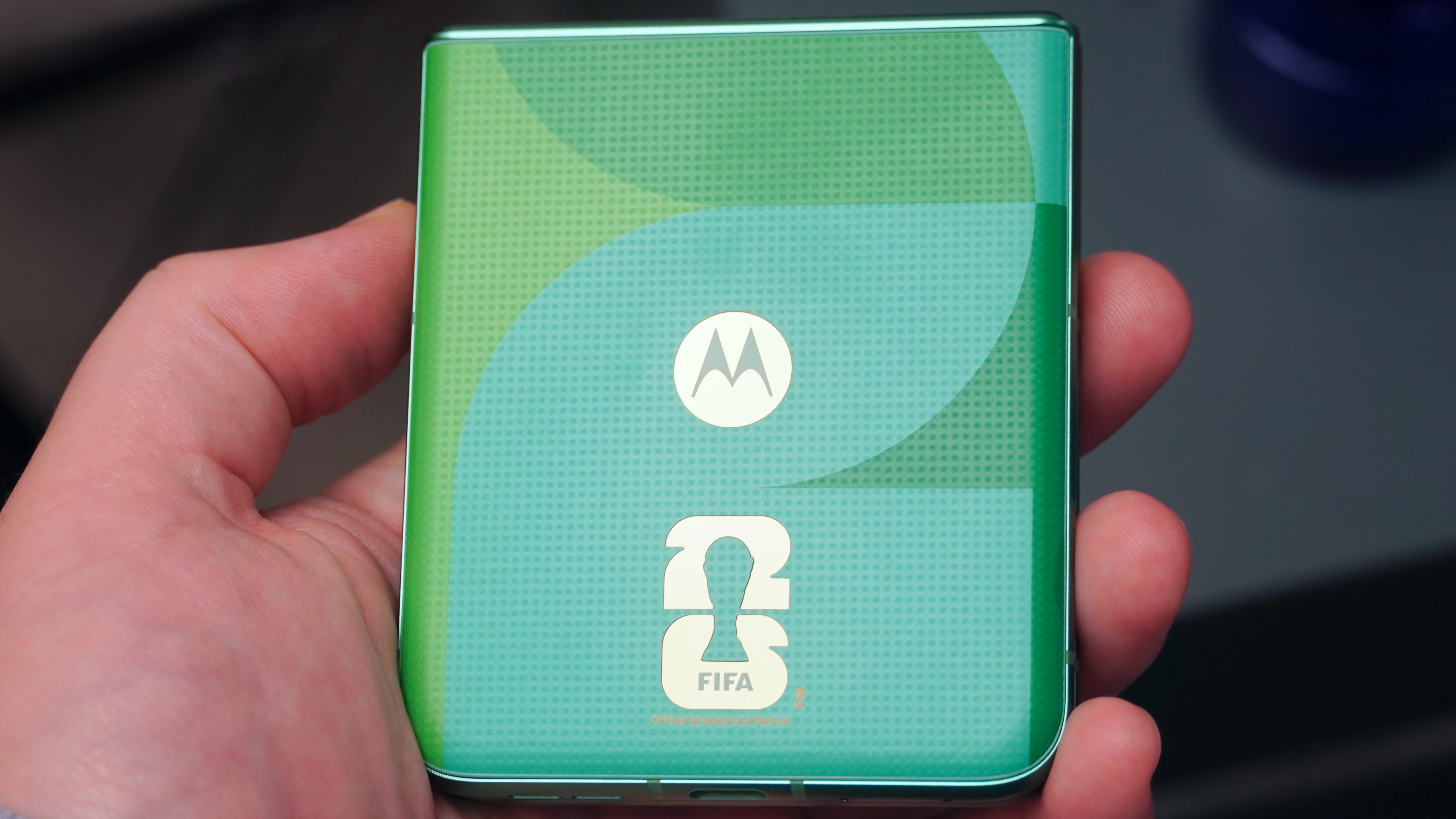 The FIFA World Cup 26 Edition of the Motorola Razr 2025 in the Pantone Spring Bud exclusive colorway.