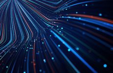 Generative AI training concept art showing data flows on a black background with blue and red lines