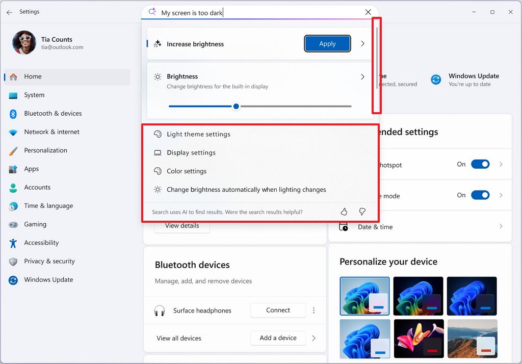 Settings app search results extended