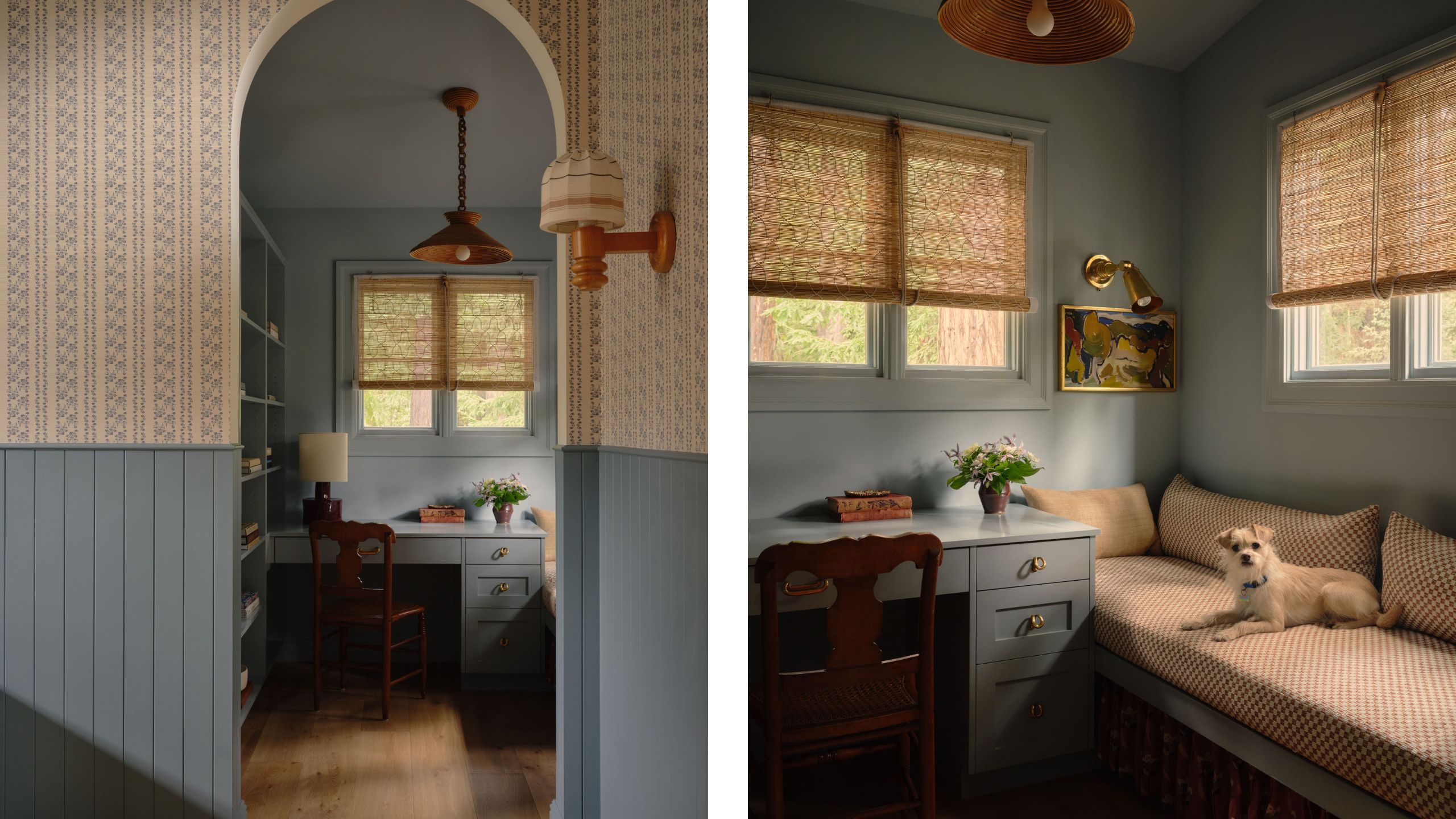 two side by side images of a cozy home office through an arched opening with light blue walls, bookcase and desk with a banquette seat and chick blinds at the windows