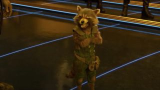Rocket Raccoon tries to wink in the chamber of the Sovereign in Guardians of the Galaxy Vol. 2