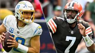 Quarterbacks (L to R) Justin Herbert and Jacoby Brissett will face off in the Chargers vs Browns live stream