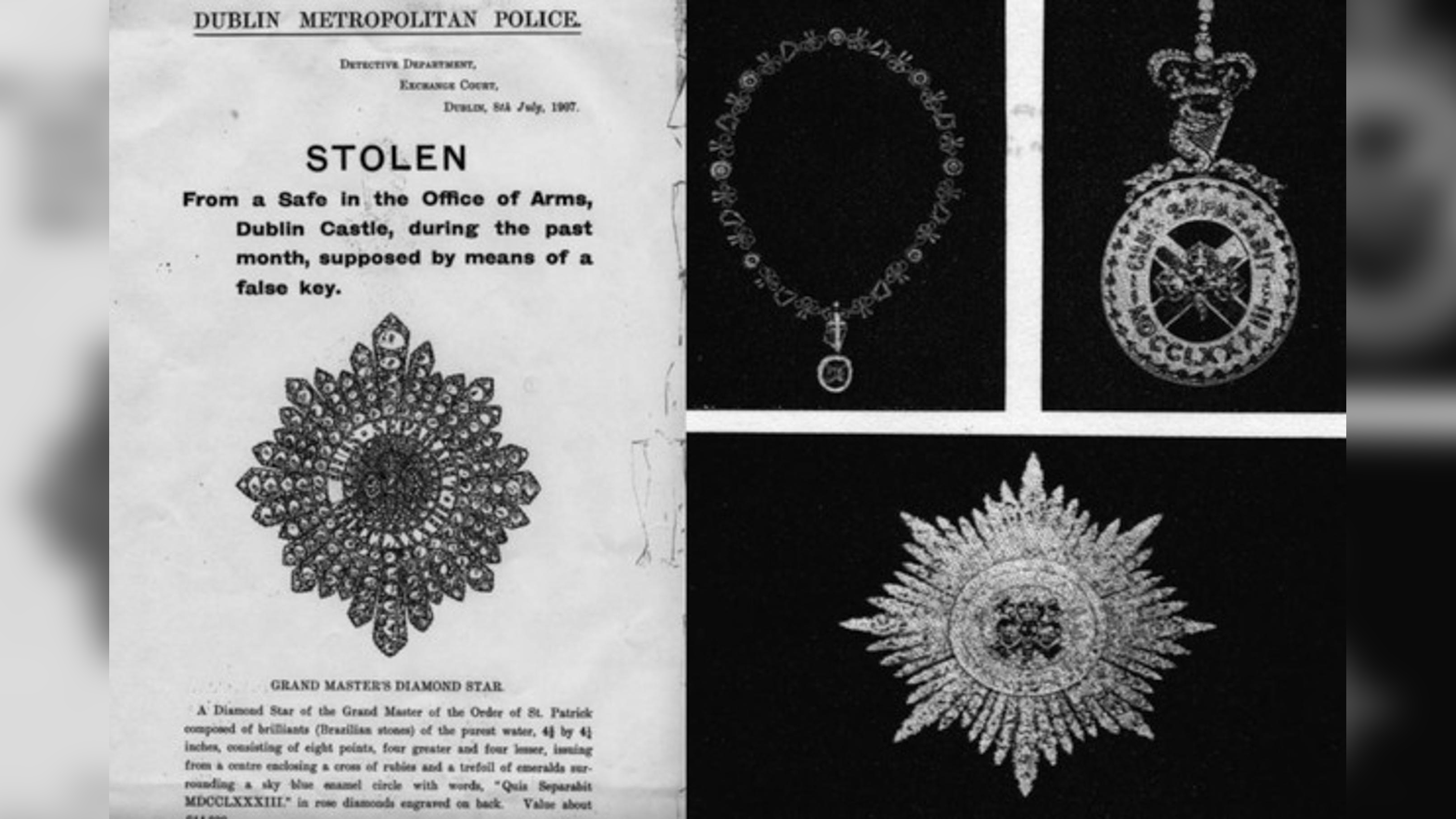 A pamphlet from the police showing the Irish Crown Jewels that were stolen from a safe in the Dublin Castle.