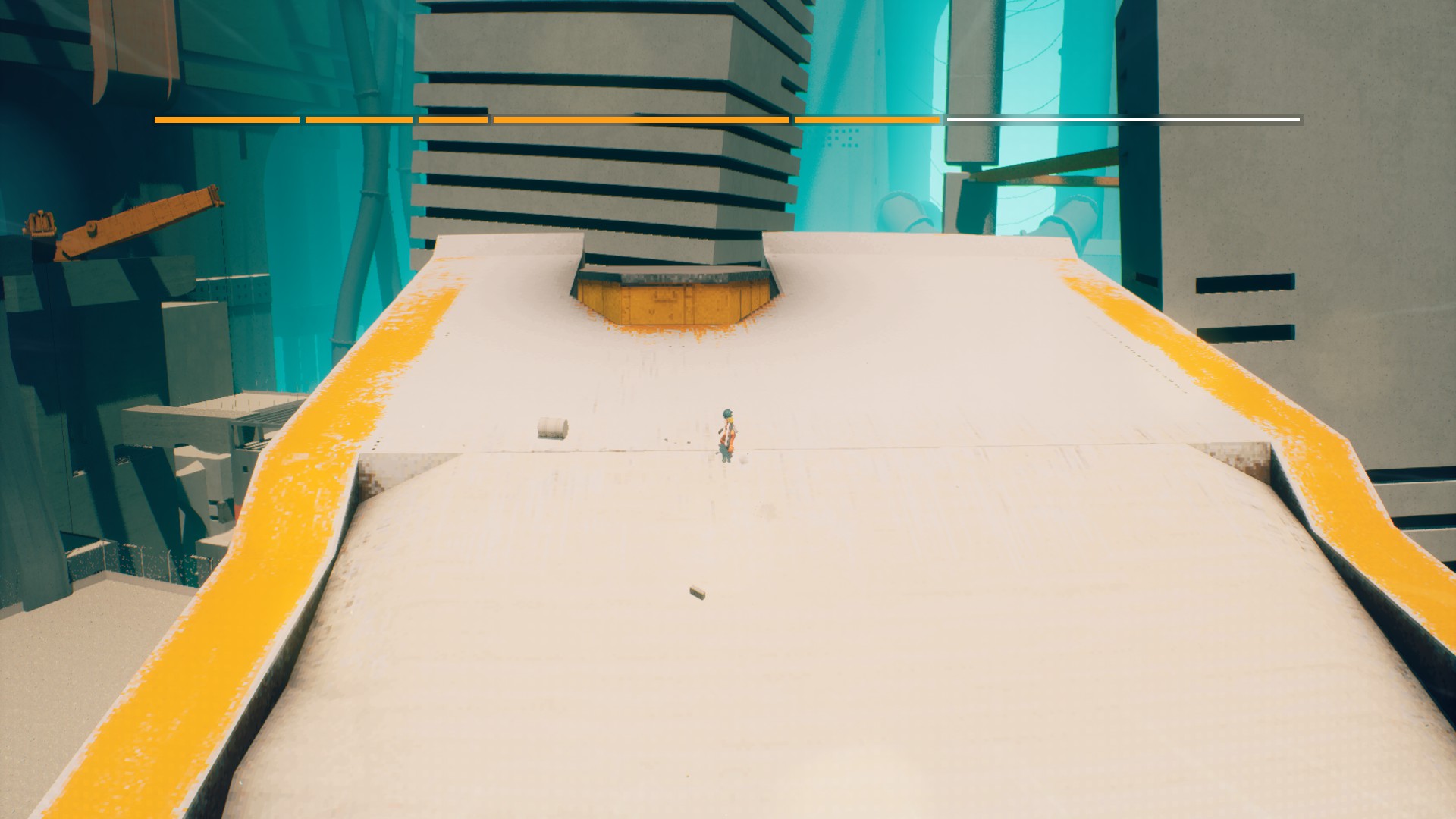 Various pictures of P, from Motorslice, jumping across a sprawling brutalist megastructure. 