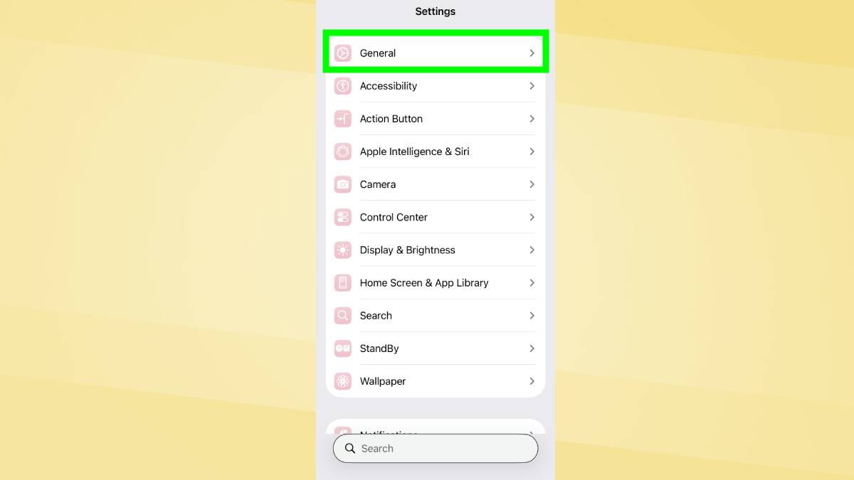 General highlighted in Settings on iPhone