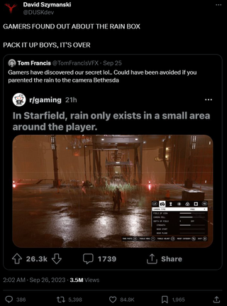 A post that reads: "GAMERS FOUND OUT ABOUT THE RAIN BOX PACK IT UP BOYS, IT'S OVER" over an image of the Starfield rain orb.
