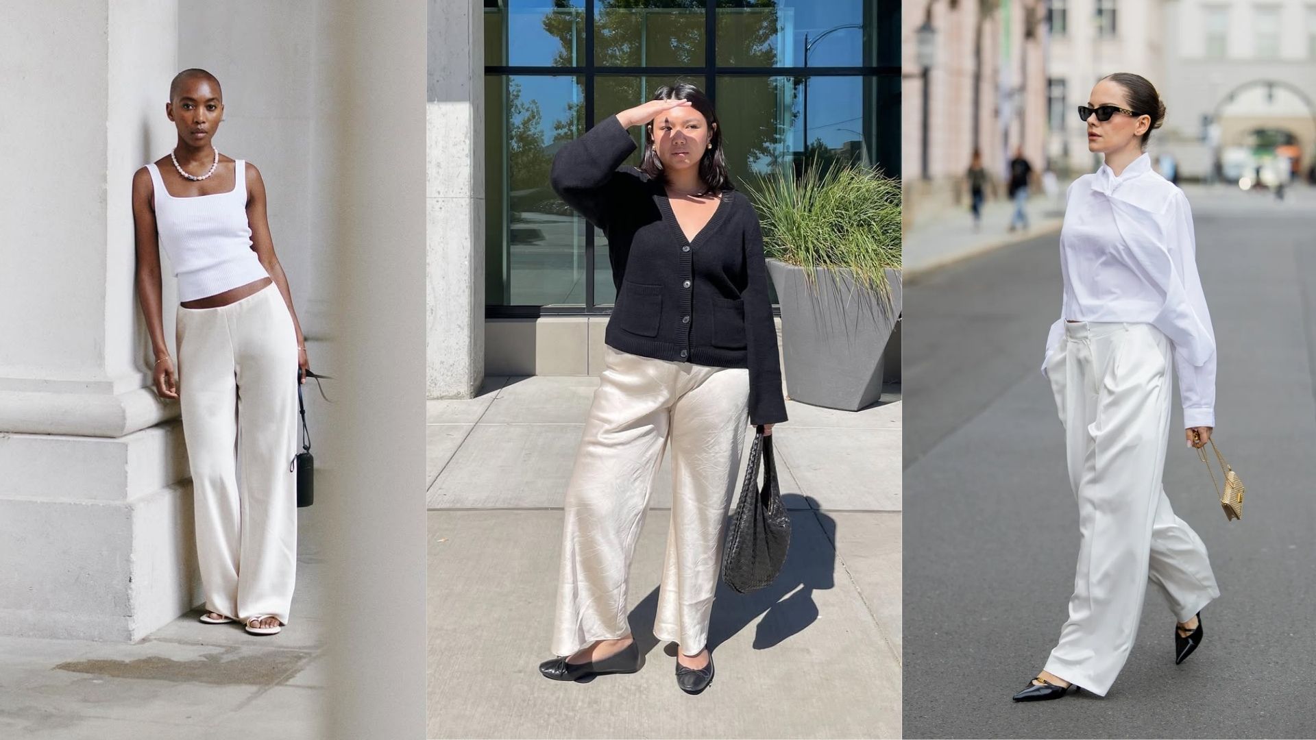 Influencers wearing cream satin trousers