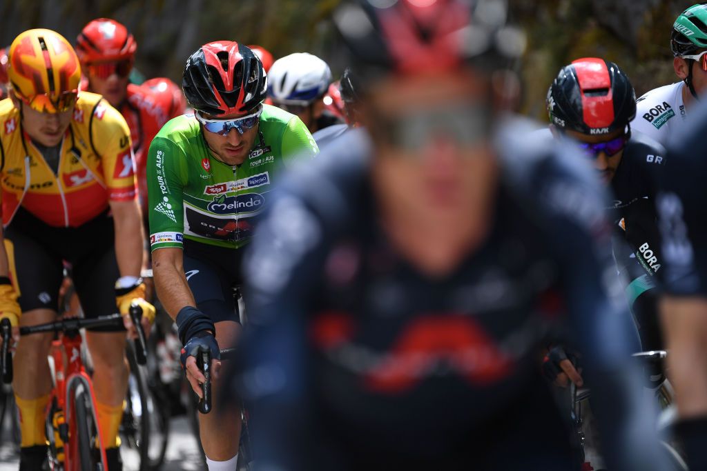 FEICHTEN IM KAUNERTAL AUSTRIA APRIL 20 Gianni Moscon of Italy and Team INEOS Grenadiers Green Leader Jersey during the 44th Tour of the Alps 2021 Stage 2 a 1215km stage from Innsbruck to Feichten im Kaunertal 1291m TourofTheAlps TouroftheAlps on April 20 2021 in Feichten im Kaunertal Austria Photo by Tim de WaeleGetty Images