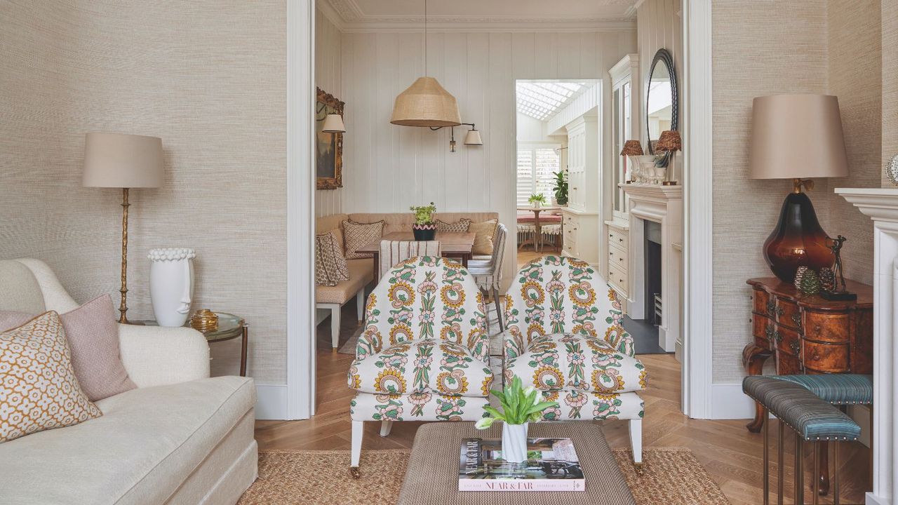 double living room with patterned matching twin armchairs