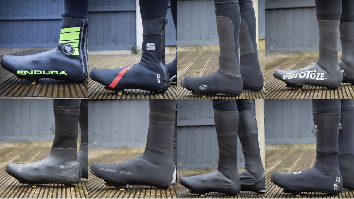 An image of a rider wearing the best winter overshoes on a wooden decking 