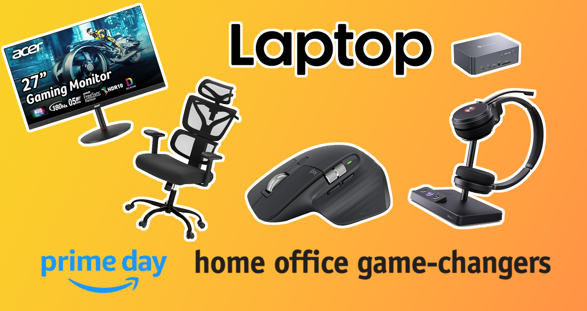 A computer monitor, a chair, a mouse, a headset, and a docking station floating on an orange background with the Laptop Mag logo prominent at the top.