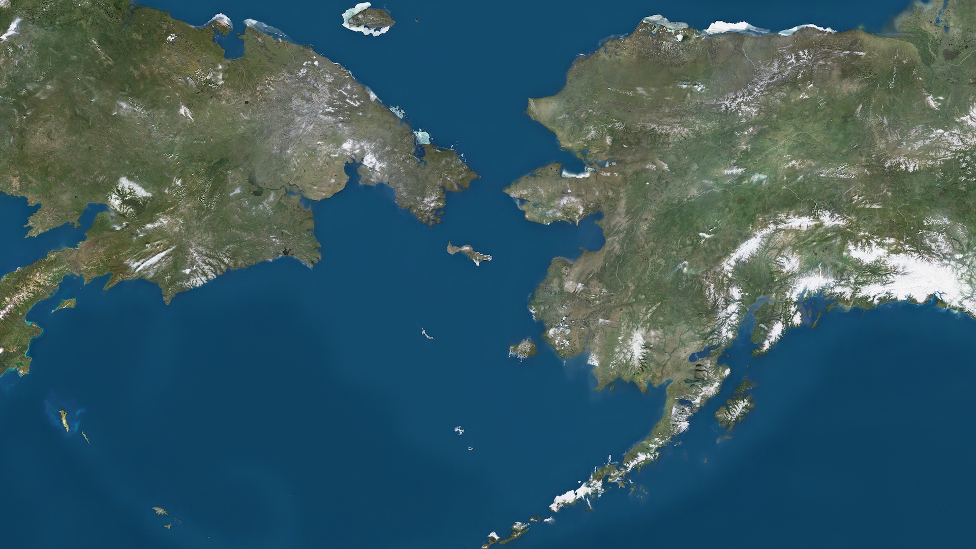 A satellite image of the Bering Strait between Russia and Alaska