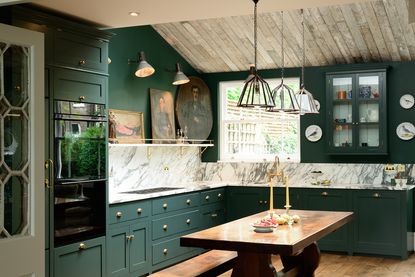 L-shaped kitchen in green