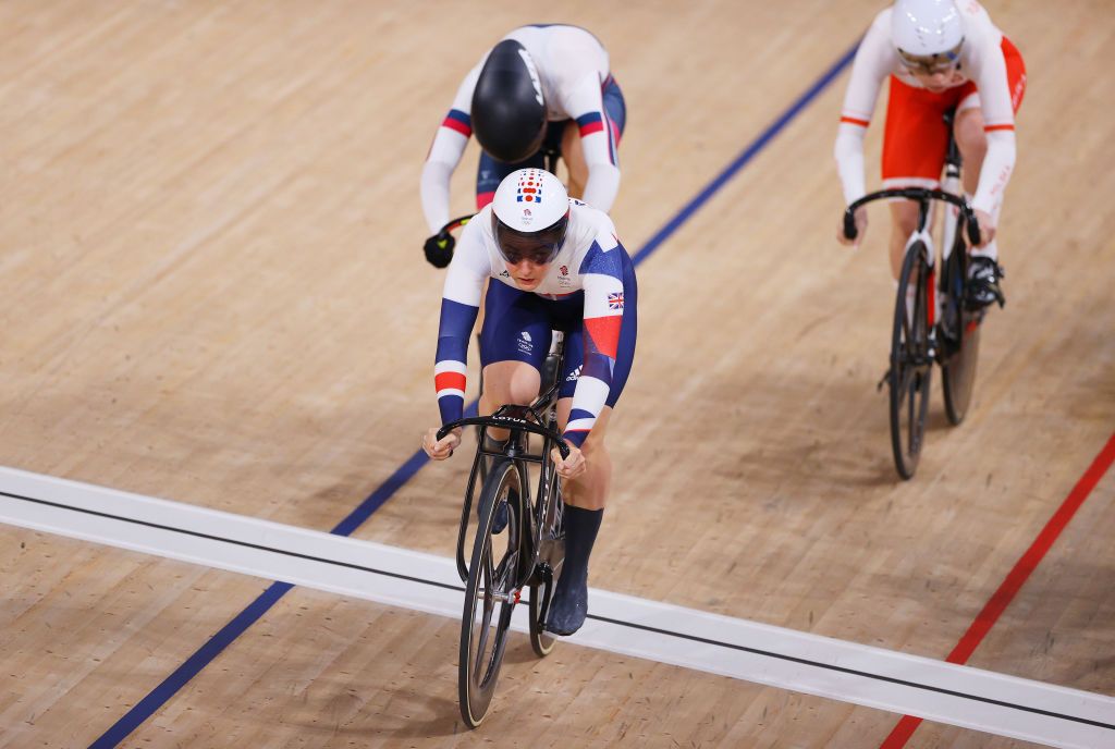 IZU JAPAN AUGUST 04 Katy Marchant of Team Great Britain crosses the finishing line in first place during the Womens Keirin repechages heat 3 of the track cycling on day twelve of the Tokyo 2020 Olympic Games at Izu Velodrome on August 04 2021 in Izu Japan Photo by Tim de WaeleGetty Images