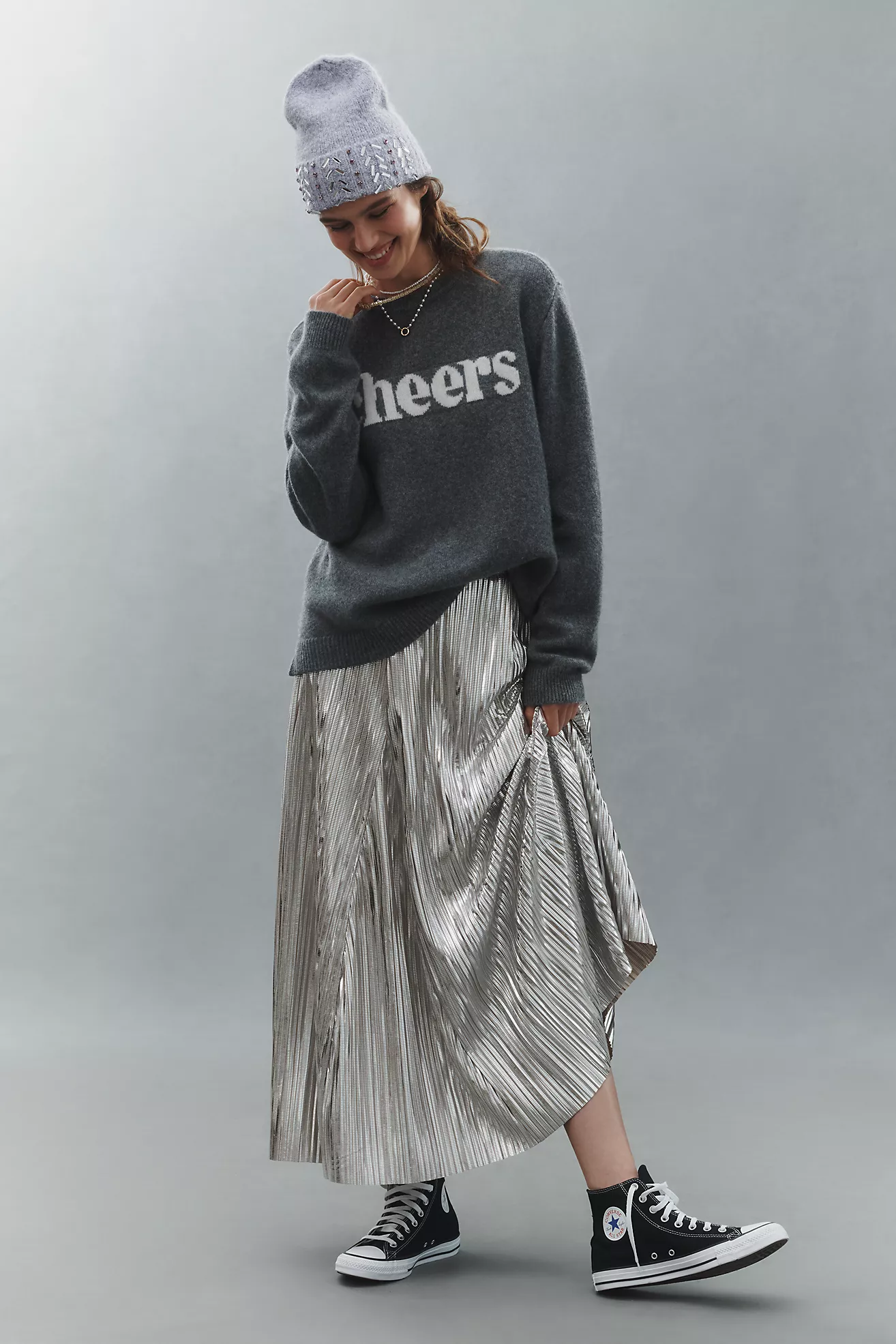 By Anthropologie Metallic Pleated Midi Skirt