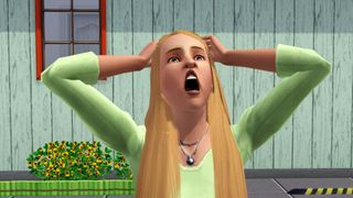 The Sims 3 - a Sim with long blonde hir weaaring a green shirt grabs her head with both hands, screaming in dismay.
