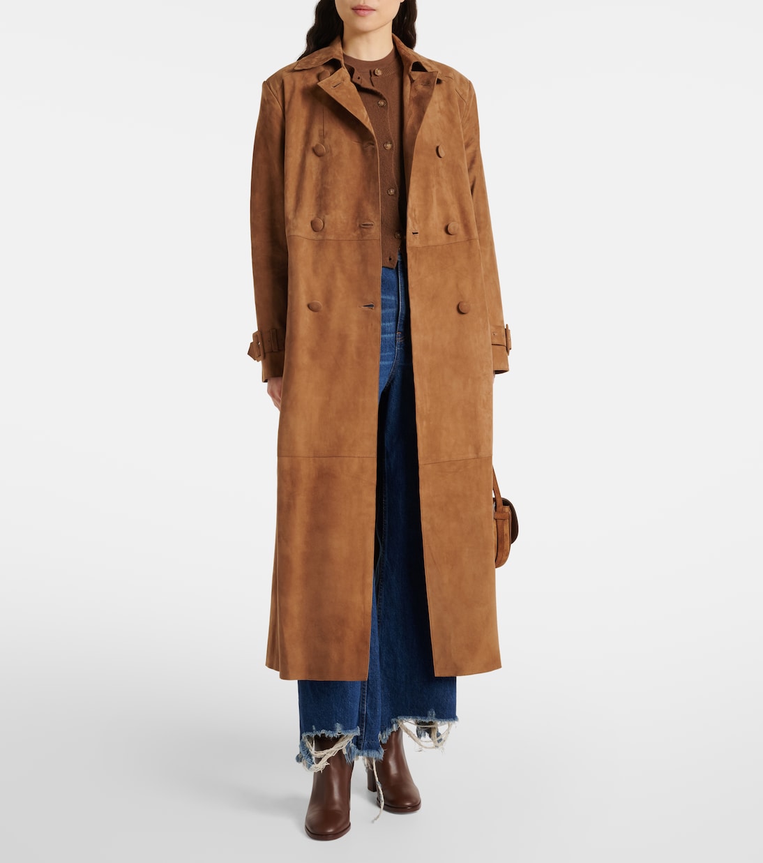 Tate Suede Trench Coat in Brown - Nour Hammour