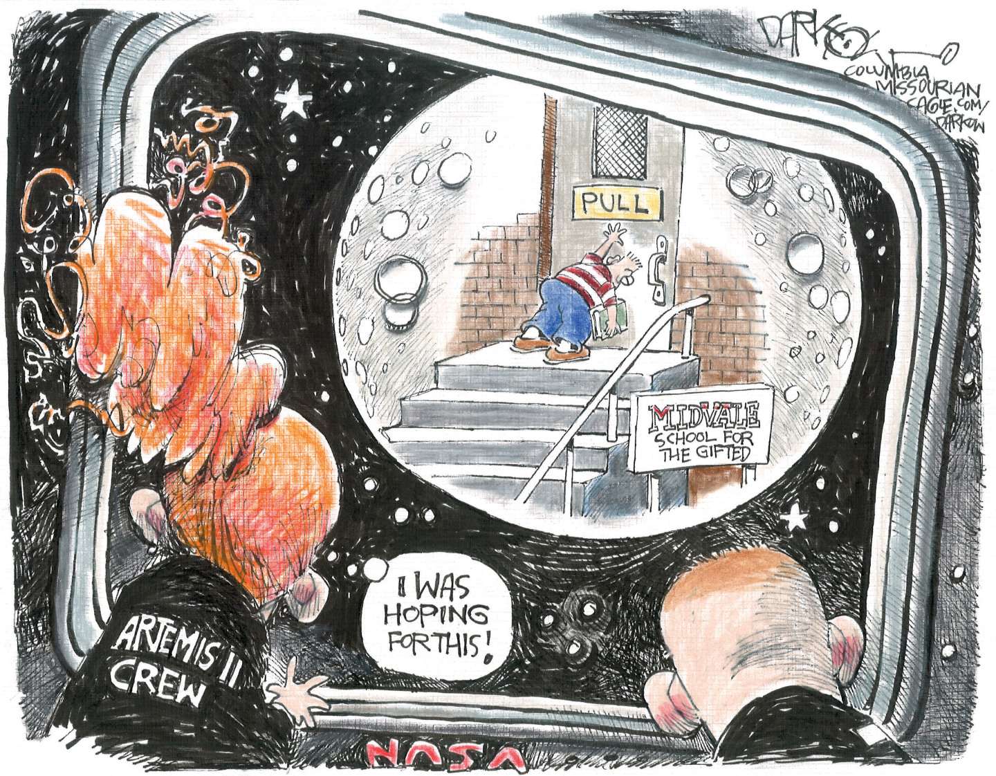 This cartoon depicts the Artemis II crew looking through the window of their ship at the far side of the moon. The moon is covered by a memorable image from the Far Side comic strip where a kid is trying to push open a door at the Midvale School for the Gifted that is clearly labeled &amp;ldquo;Pull&amp;rdquo;. A female astronaut thinks, &amp;ldquo;I was hoping for this!&amp;rdquo;