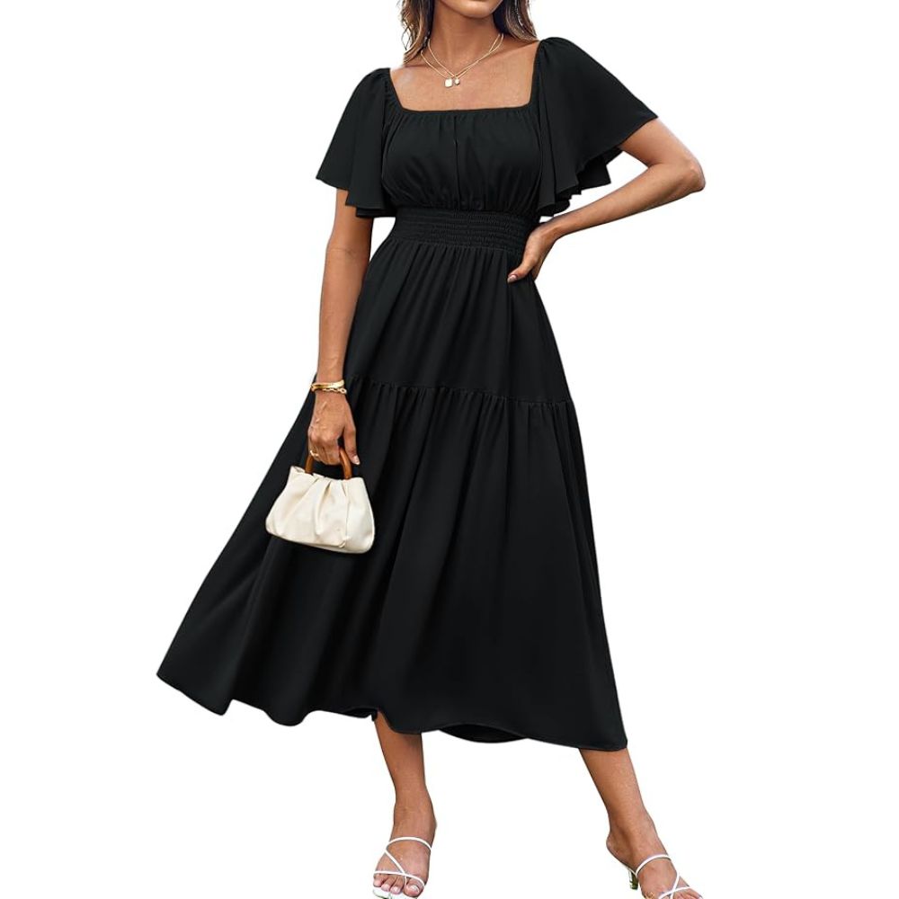 Grace Karin Ladies Elegant Chiffon A-Line Dresses Square Neck Ruffle Sleeve Tiered Beach Dresses Black Xl